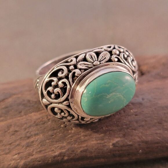 Bali Flower Scroll Green Turquoise Sterling Silver Statement Ring - Picture 3 of 9